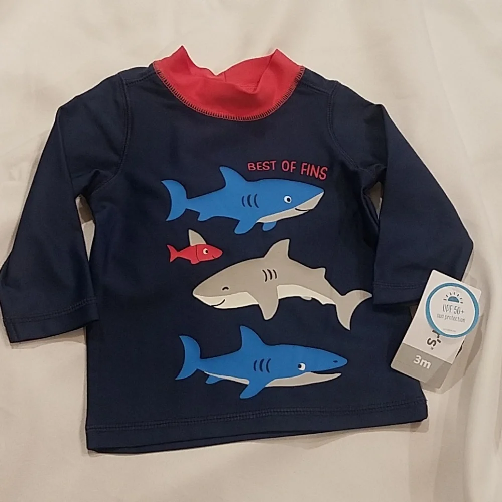 Carter's Rashguard Swim Trunks Baby Boys 3 months 50+ UPH Blue Red Sharks